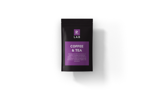 Black pouch, with purple printing that reads Coffee & Tea in white, representing the custom packaging printing services offered by The Packaging Lab