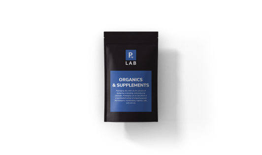 Black pouch, with blue printing that reads Organics & Supplements in white, representing the custom packaging printing services offered by The Packaging Lab