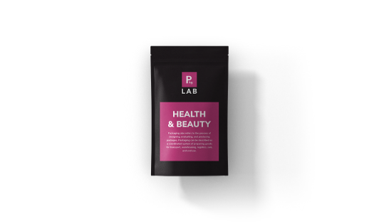 Black pouch, with magenta printing that reads Health & Beauty in white, representing the custom packaging printing services offered by The Packaging Lab