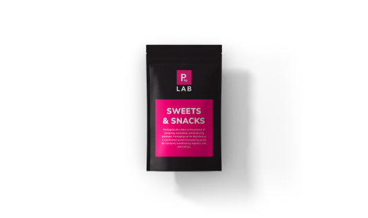 Black pouch, with pink printing that reads Sweets & Snacks in white, representing the custom packaging printing services offered by The Packaging Lab