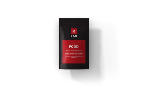Black stand-up flexible pouch packaging with red label printed by The Packaging Lab for the food industry