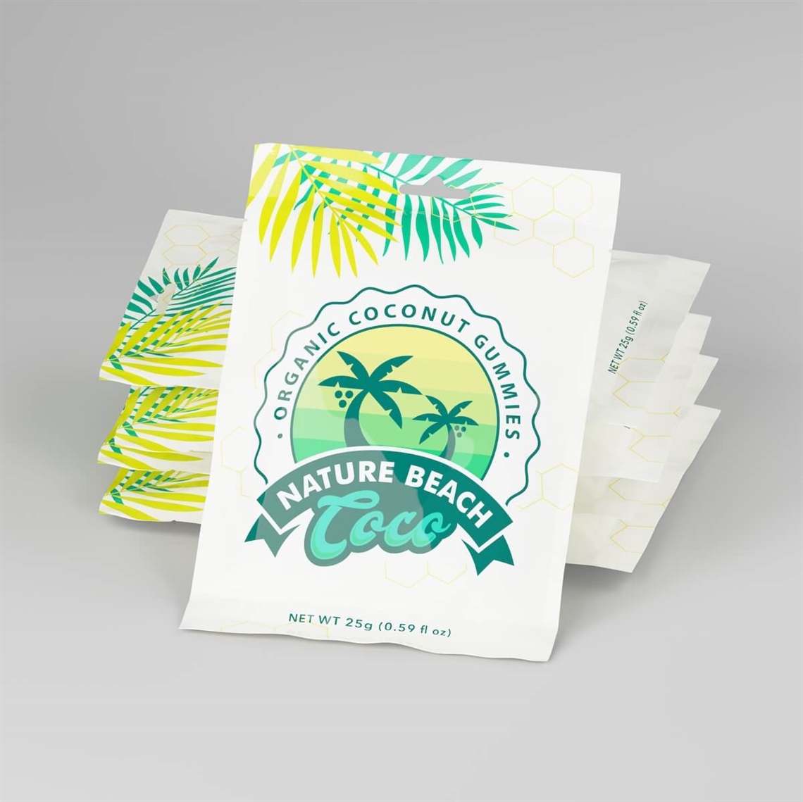 Stack of custom printed pouches with a tropical palm leaf design
