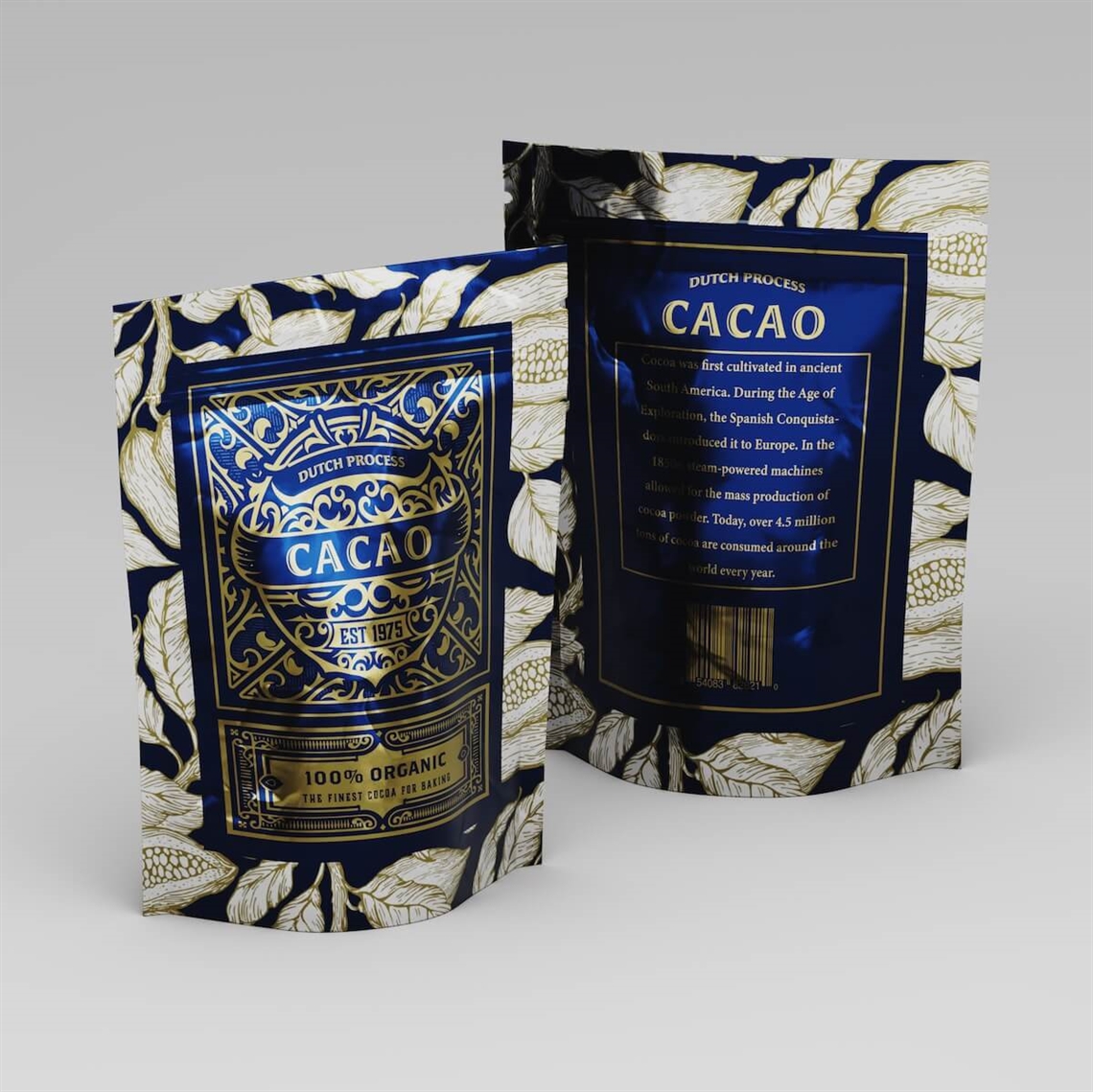 Two dark blue stand-up pouches with gold cacao-themed artwork and botanical leaf print, labeled 